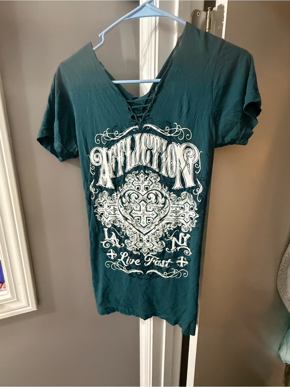 Affliction Teal Short-Sleeve Lace-Up V-Neck Graphic Tee